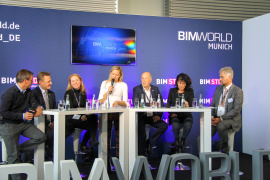 BIM World Munich 2019 - Pressekonferenz am 26.11.2029 mit Jens Pottharst, Dr. Jan Tulke, Inga Stein-Barthelmes, Dr. Sonja Sulzmaier, Michael Nachtsheim, Christine Degenhart und Dr. Markus Hennecke (von links)