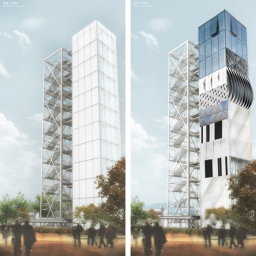 Visualisierung des Demonstrators mit Treppenturm und unterschiedlichen Fassadenvarianten - © Foto: ILEK
