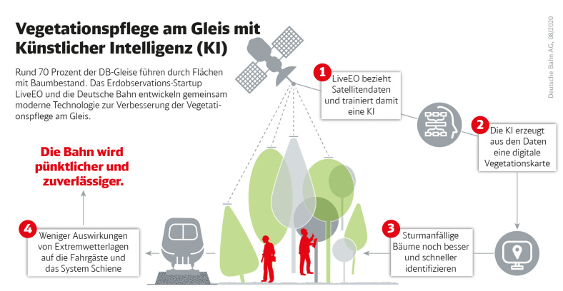 Vegetationspflege am Gleis mit Künstlicher Intelligenz: Rund 70 Prozent der DB-Gleise führen durch Flächen mit Baumbestand. Das Erdobservations-Startup LiveEO und die Deutsche Bahn entwickeln gemeinsam moderne Technologie zur Verbesserung der Vegetationspflege am Gleis. Grafik: Deutsche Bahn AG / Paula Klattenhoff