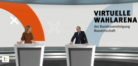 Die Moderatorin Tanja Somrotzki und Marcus Nachbauer, Vorsitzender der Bundesvereinigung Bauwirtschaft