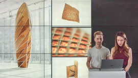 Die Architektin, Designerin und Erfinderin Neri Oxman nutzt verschiedene Gittertechniken, recyclebare Materialien und den 3D-Druck, um daraus Bauteile sowie Baukörper herzustellen. (Screenshot https://bergwerk.fhws.de/jetzt-live/)