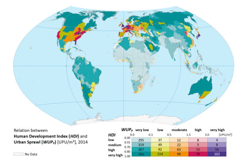 Karte und Tabelle zeigen den Zusammenhang zwischen dem Index der menschlichen Entwicklung (HDI) und dem Grad der Zersiedelung (WUPp) auf der Ebene subnationaler Einheiten (wie Bundesstaaten, Provinzen etc.). Quelle: [M. Behnisch et al.], PLOS Sustainability and Transformation, 2022, CC-BY 4.0, https://creativecommons.org/licenses/by/4.0/ 