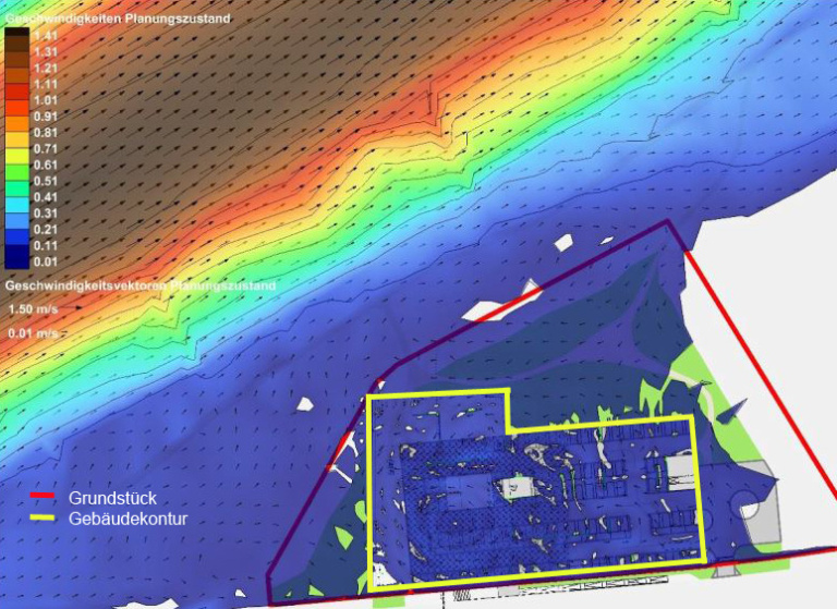 Berechnete Fließgeschwindigkeiten nach Gebäudeerrichtung. Grafik: ISP Scholz