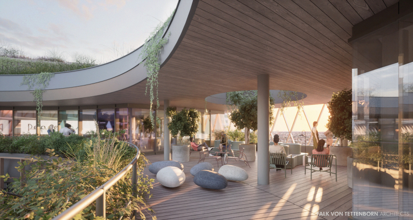 Dachterasse des Bauprojekts „tomorrow“ im Werksviertel in München. Visualisierung: Falk von Tettenborn Architects