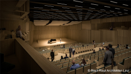 Studie zur geplanten Gestaltung des Hörsaals mit konzerttauglicher Ausstattung. © Riepl Riepl Architekten Linz