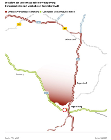So verlagern sich Verkehrsströme bei einer Sperrung der Donaubrücke Sinzing an der A3 bei Regensburg. © ADAC Grafik
