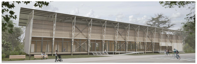 Die temporäre Aula basiert auf einem modularen Stahltragwerk mit vorgefertigten Holzbauelementen und steht exemplarisch für zirkuläres, rückbaubares Bauen im Hochschulkontext.