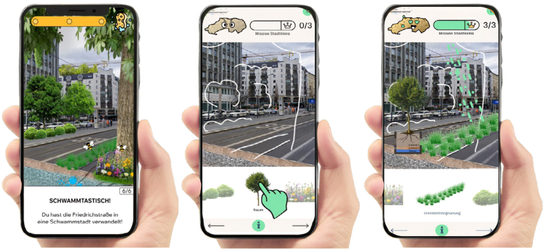 Berlin: In einer Web-App können Interessierte blaue und grüne Infrastrukturmaßnahmen fotorealistisch visualisieren lassen und damit der Bevölkerung näherbringen. Quelle: Invisible Room 