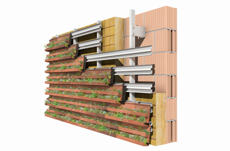 GreenBrick: Als vorgehängtes Fassadensystem ist die Fassade einfach mit anderen vorgehängten Systemen wie z.B. Solarpanels kombinierbar.